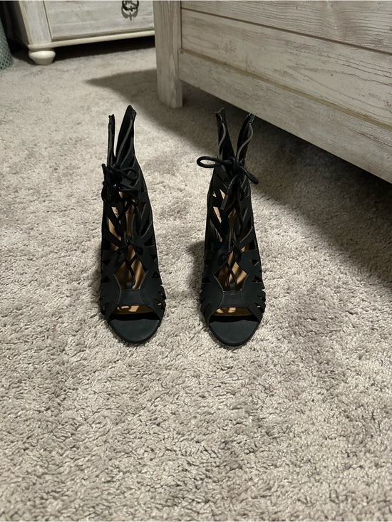 Shoes - Black Lace-Up Cutout Women's Heeled Sandals